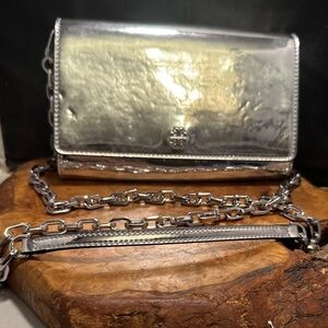 Tory Burch Robinson Mirror Metallic Silver Patent Leather Chain Strap